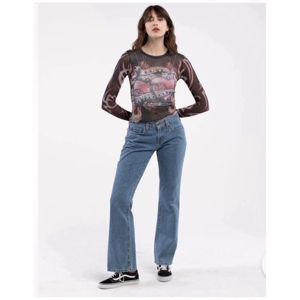 RSQ Black Tattoo Women Mesh Sheer Tee Top Love Always Burns Motorcycl Y2K Medium - Picture 3 of 11